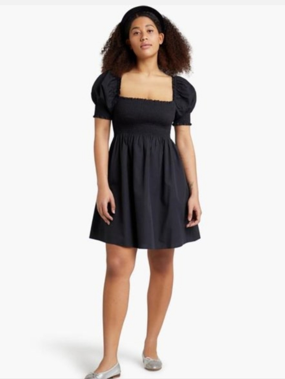 Hill House The Athena Nap Dress Black Smocked Puff-Sleeve Mini Size Small